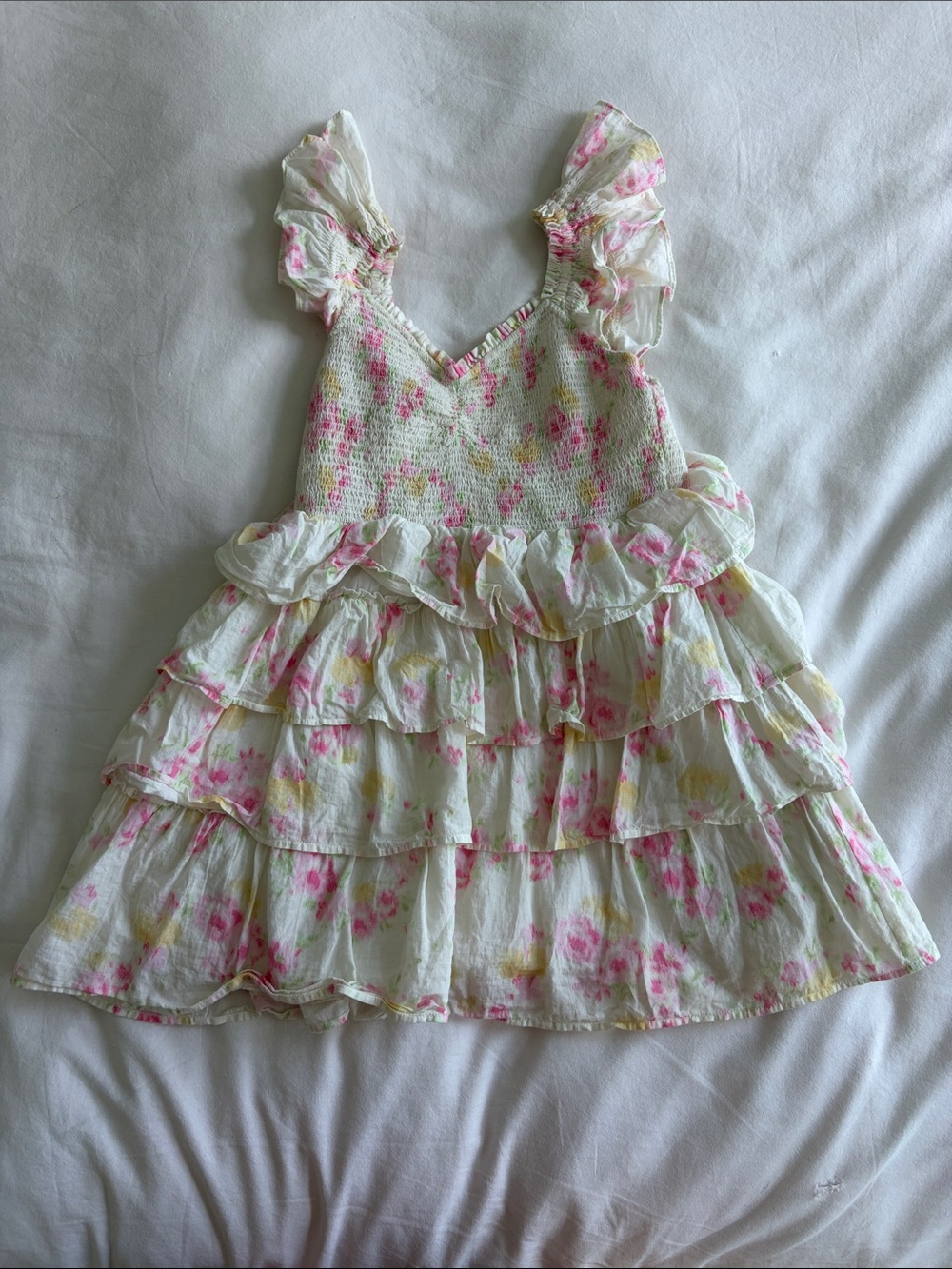 Loveshackfancy Girls Floral Ruffle Tiered Dress - White and Pink